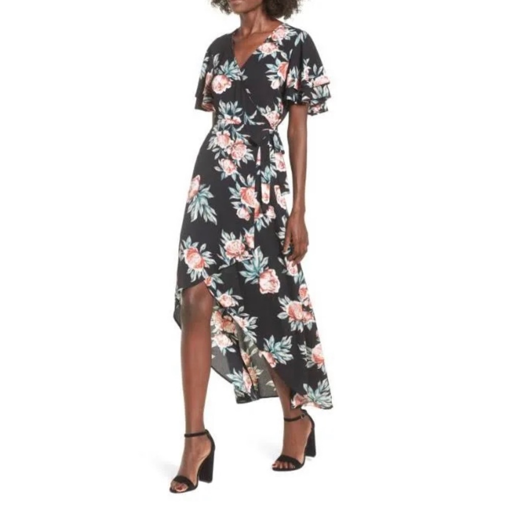 Mimi Chica Dresses | Mimi Chica Floral Wrap Maxi | Color: Black/Pink | Size: XL